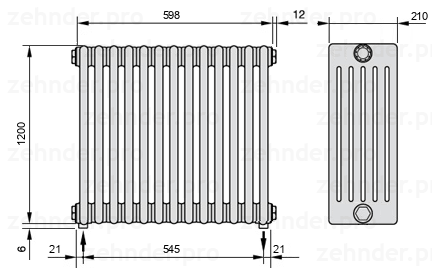Схема (чертеж) Радиатор Zehnder Charleston 6120/13 №5310 Белый глянцевый RAL 9016